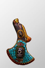 Old Meteorolite Gilt Gold Inlay Turquoise & DZI Agate,Gem Axe Statue