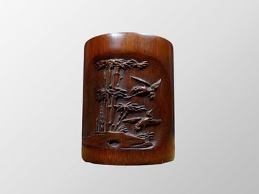 Vintage Chinese Bamboo Low Relief Bird & Bamboo Design Brush Pot