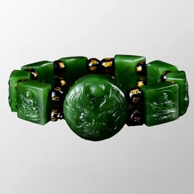 Superb Chinese Green Hetian Jade Low Relief Kwan-yin Beads Bracelet w Certificate