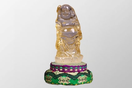 Vintage Chinese White Crystal Carved Laughing Buddha Statue w Box