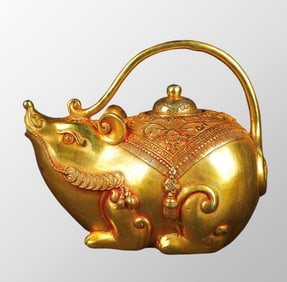 Vintage Chinese Gilt Gold Bronze Fortune Mouse Handle Pot