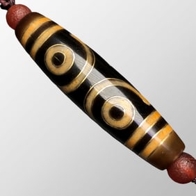 Tibetan Buddhism 3 Eye DZI Agate Inlay Gold Wire Lucky Pendant