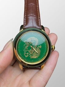 Exquisite Gilt Gold Inlay Green Jade Fortune Dragon Men Watch