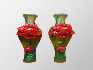 A Pair Chinese Gilt Gold Peking Glass High Relief Peony Flower Vase