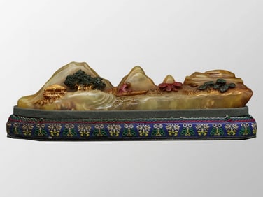 Vintage Chinese Shoushan Stone Carved Mountain River Scene & Figure Statue