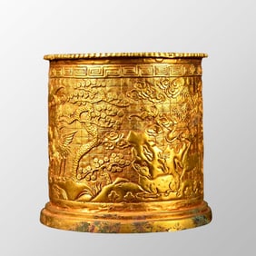 Vintage Chinese Gilt Gold Copper Low Relief Crane & Pine Tree Design Brush Pot