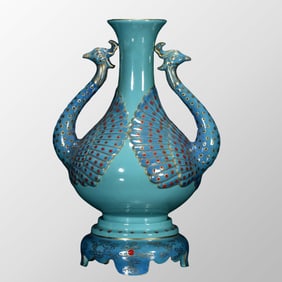 Chinese Qing Dynasty Gilt Edge Turquoise Glaze peacock Porcelain Vase