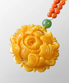 Superb Natural Beeswax Carved Peony Pendant w Beads Necklace
