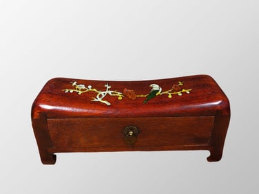 Chinese Huali Wood Inlay Shell Plum Flower & Magpie Pillow w Drawer