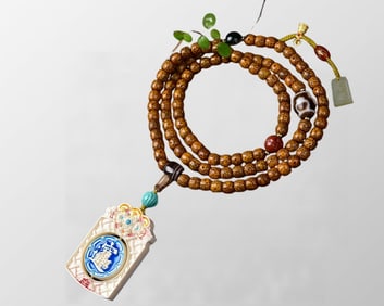 Vintage Hand Drawn Bone Inlay Gem Pendant w Turquoise & DZI Agate Beads Necklace