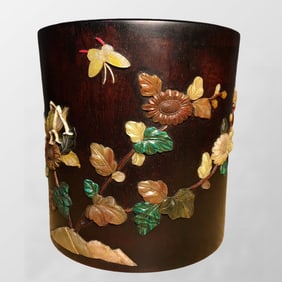 Vintage Chinese Zitan Wood Inlay Shell & Shoushan Stone Flower & Locust & Butterfly Design Brush Pot