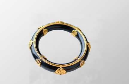 Beautiful Chinese Inlaying Copper Edge Black Hetian Jade Bracelet