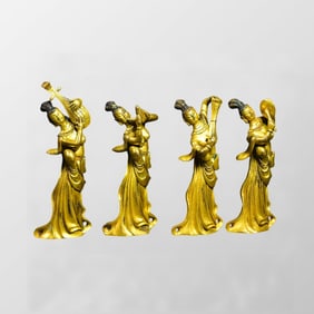 A Set Four Chinese Gilt Gold Bronze Music Figure Statues w Lacquerware Box