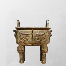 Vintage Chinese Bronze Beast Face Design Double Ears Incense Burner - Ding