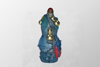 Old Chinese Gilt Gold Blue Peking Glass Bamboo Cicada & Gourd Snuff Bottle