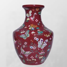 Chinese Rouge Red Glaze Famille Rose Butterfly Flowers Design Porcelain Vase