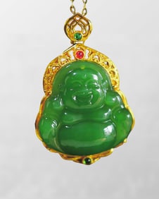 18k Gold Inlay Natural Green Hetian Jade & Gem Laughing Buddha Pendant