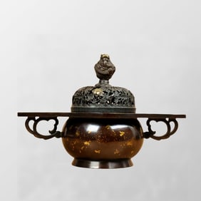 Vintage Chinese Gilt Gold Copper Double Ears Incense Burner