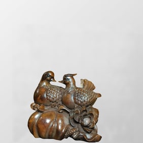 Vintage Chinese Boxwood Wood Carved Mandarin Ducks Statue