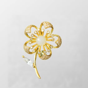 Chinese Silver Plated Gilt Gold Inlay White Hetian Jade Flower Brooch