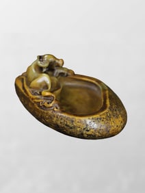 Vintage Chinese Shoushan Stone Carved Fortune Ox Brush Washer