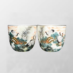 A Pair Chinese Famille Rose Pine Tree & Crane Design Porcelain Cups