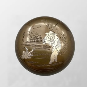 Vintage Chinese Brass Fisherman Design Inkpad Box