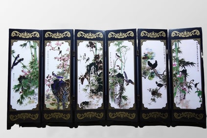 Vintage Chinese Gilt Gold Lacquerware Flowers Bird Design Screen