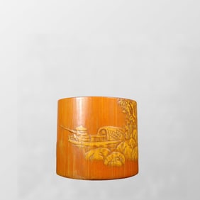 Vintage Chinese Bamboo Carved Boat & Figure Thumb Ring