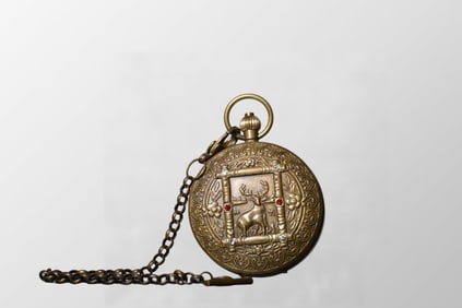 Vintage Brass Low Relief Fortune Deer Design Machinery Pocket Watch