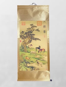Chinese Watercolour On Silk Eight Horse Design Painting - Lang Shi Ning (1688—1766)