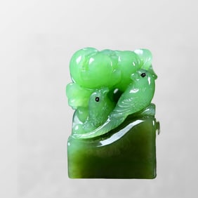 Chinese Natural Green Hetian Jade Carved Flower Bird Seal