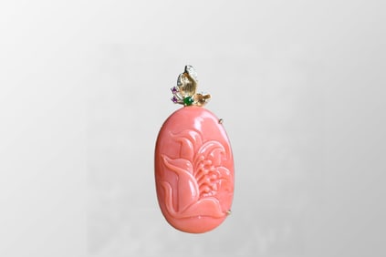 Exquisite 18k Gold Inlay Red Coral & Gem Lily Pendant w Silver Necklace