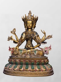 2Kg Vintage Tibetan Buddhism Gilt Gold Bronze Colored Drawing Eight Arm Statue