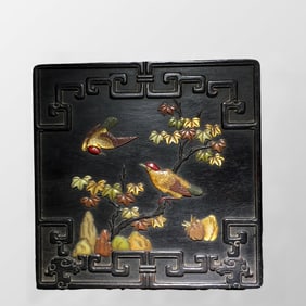Vintage Chinese Zitan Wood Inlay Shoushan Stone & Shell Bird Design Jewellery Box