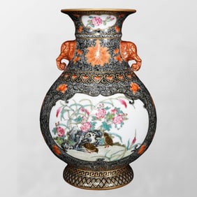 Chinese Qing Dynasty Gilt Edge Famille Rose Flower Bird Design Double Ears Porcelain Vase