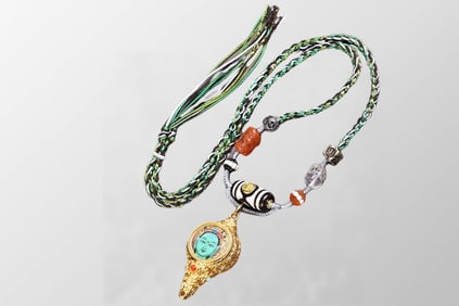 Silver Plated Gilt Gold Inlay Tangka Conch Pendant w Nanhong Agate, DZI Agate Crystal Beads Necklace