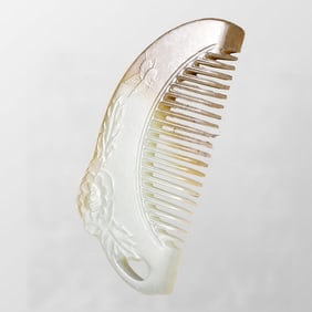 Chinese Natural Hetian Jade Carved Flower & Butterfly Design Comb w Certificate