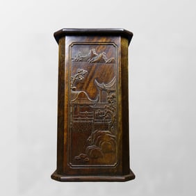 Vintage Chinese Huanghuali Wood Low Relief Live In Remote Mountains Design Brush Pot