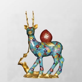 Vintage Chinese Gilt Gold Bronze Cloisonne Fortune Deer Statue