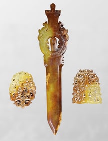 A Set Vintage Chinese Hetian Jade Carved Sword w Pendant