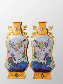 A Pair Old Chinese Bronze Cloisonne Plum Flower & Magpie Design Vase