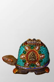 Vintage Tibetan Crystal Inlay Turquoise & DZI Agate Long Life Turtle Statue