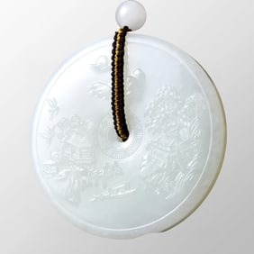 Chinese Natural White Hetian Jade Mountain River Scene Pendant w Certificate