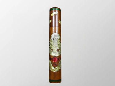 Vintage Chinese Huali Wood Inlay Shell Fortune Dragon Incense Tube