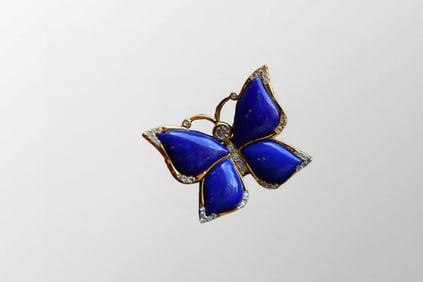 Exquisite Chinese 925 Silver Inlay Lapis Lazuli & Gem Butterfly Brooch