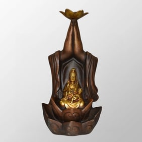 Old Chinese Gilt Gold Brass Kwan-yin Backflow Incense Statue