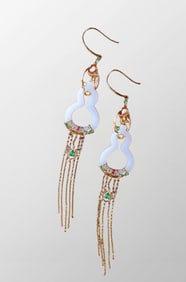 A Pair Chinese Silver Plated Gilt Gold Inlay White Hetian Jade Gourd Earrings