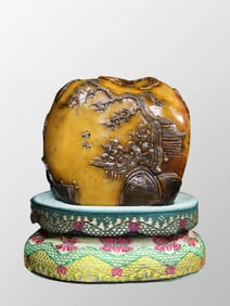 Vintage Chinese Black Skin Shoushan Stone Low Relief Pine Tree & Figure Seal Statue