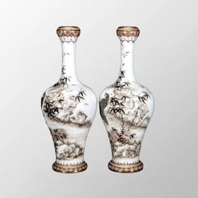 A Pair Chinese Gilt Edges Mocai Enamel Quail Design Porcelain Vase